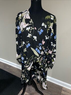 Black Floral Wrap blouse with Pink, Blue & Green Print